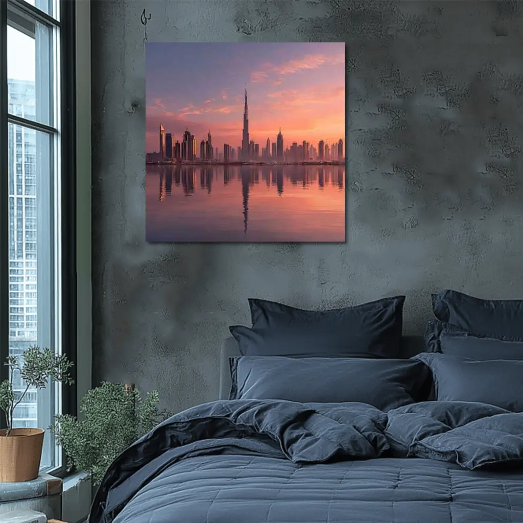 Dubai Skyline Burj Khalifa Sunset Reflection – Wall Art