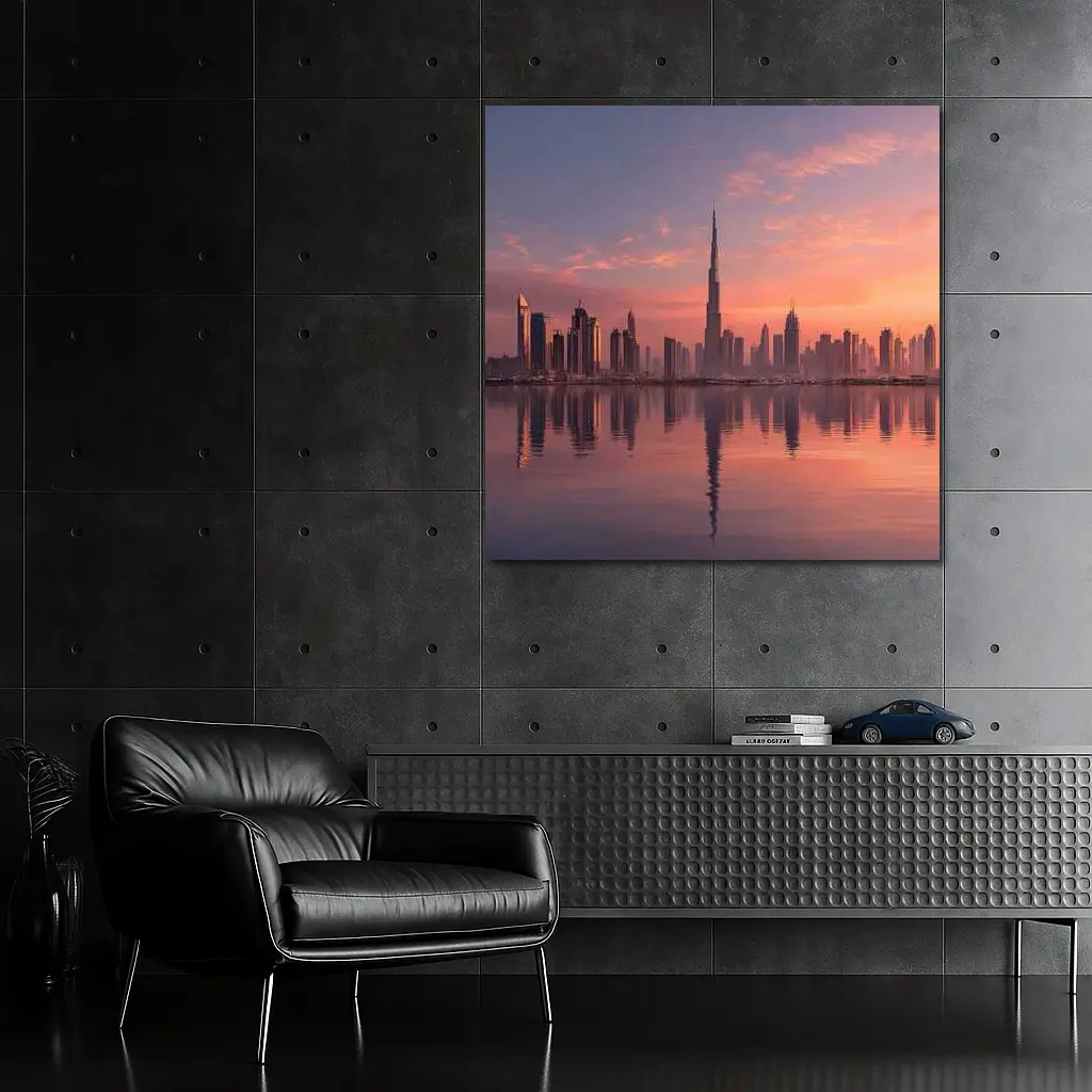 Dubai Skyline Burj Khalifa Sunset Reflection – Wall Art