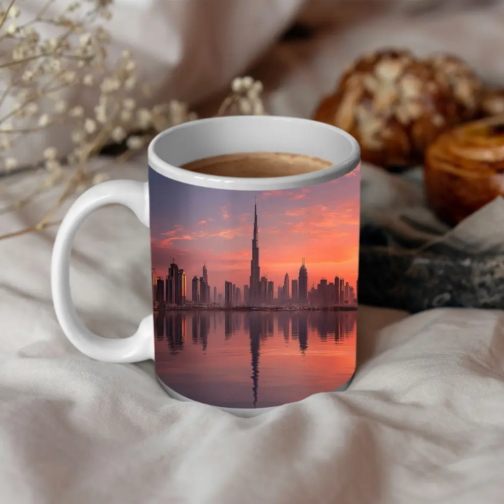 Dubai Skyline Burj Khalifa Sunset Reflection – Mugs
