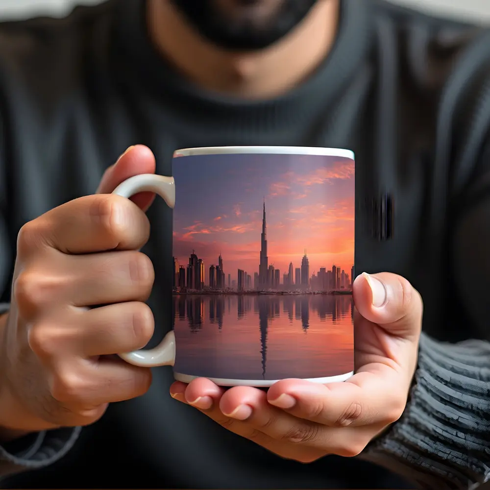 Dubai Skyline Burj Khalifa Sunset Reflection – Mugs