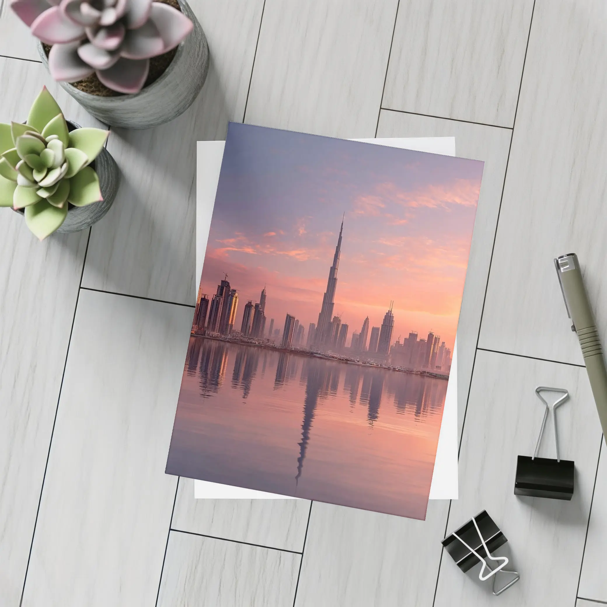 Dubai Skyline Burj Khalifa Sunset Reflection – Postcards