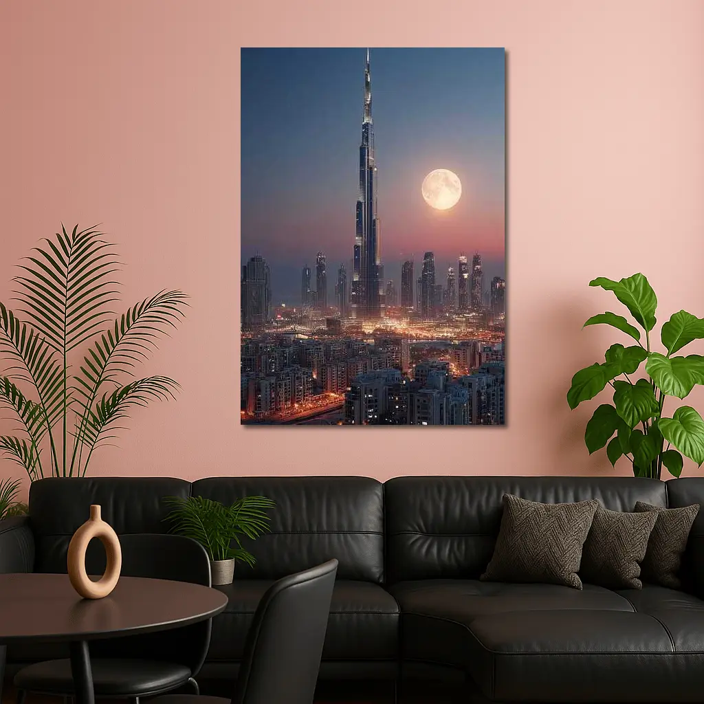 Burj Khalifa Dubai Skyline Full Moon Night – Wall Art