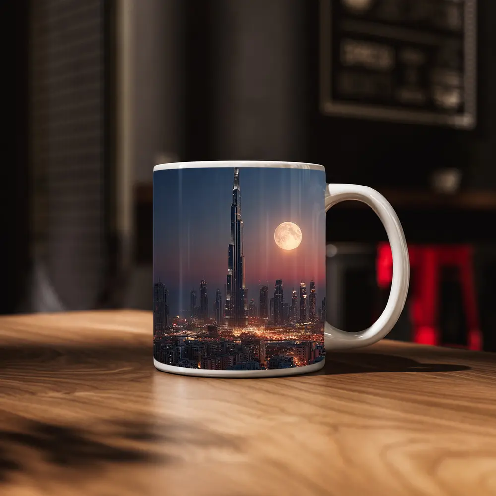 Burj Khalifa Dubai Skyline Full Moon Night – Mugs