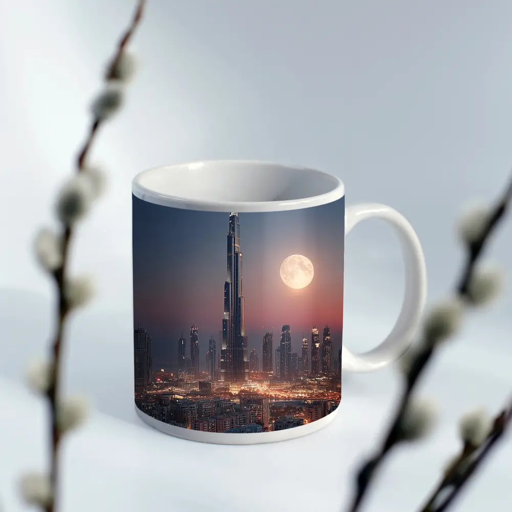 Burj Khalifa Dubai Skyline Full Moon Night – Mugs