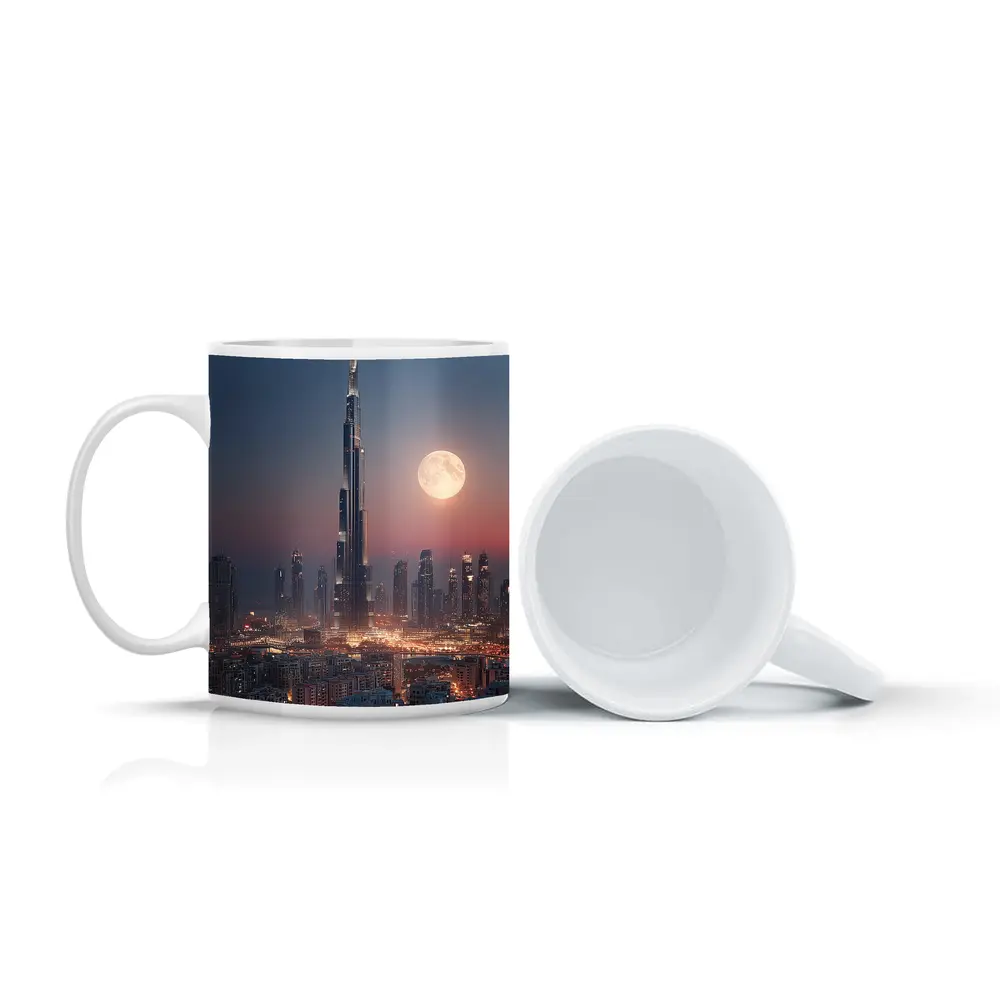 Burj Khalifa Dubai Skyline Full Moon Night – Mugs
