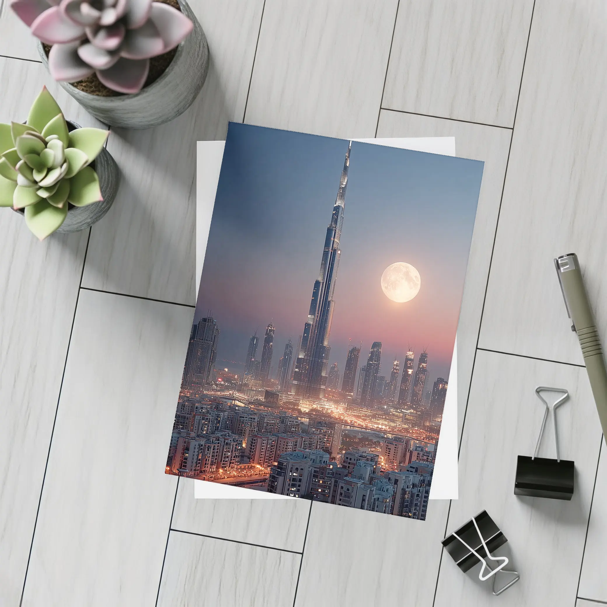Burj Khalifa Dubai Skyline Full Moon Night – Postcards