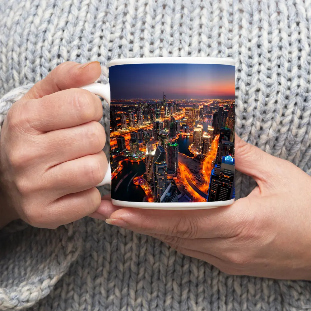 Dubai Marina Skyline Aerial Night View – Mugs