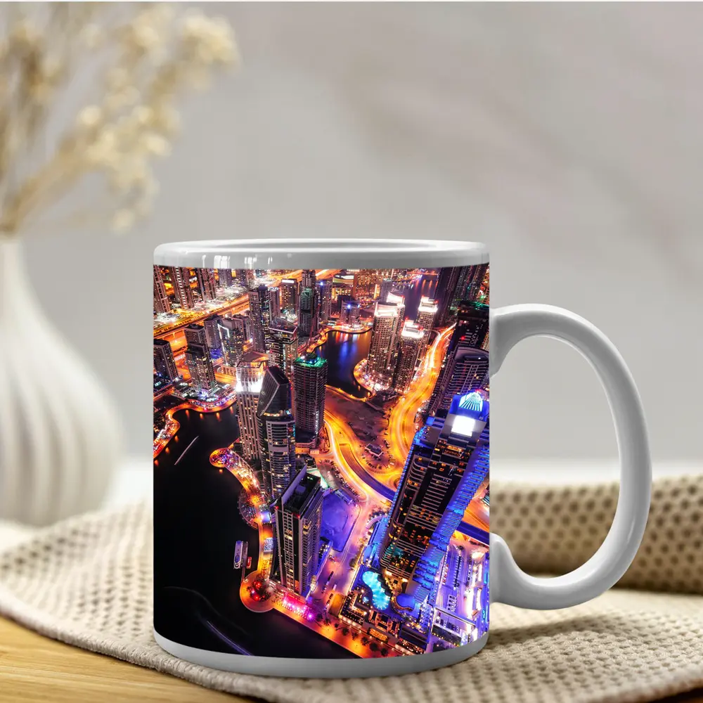 Dubai Marina Skyline Aerial Night View – Mugs