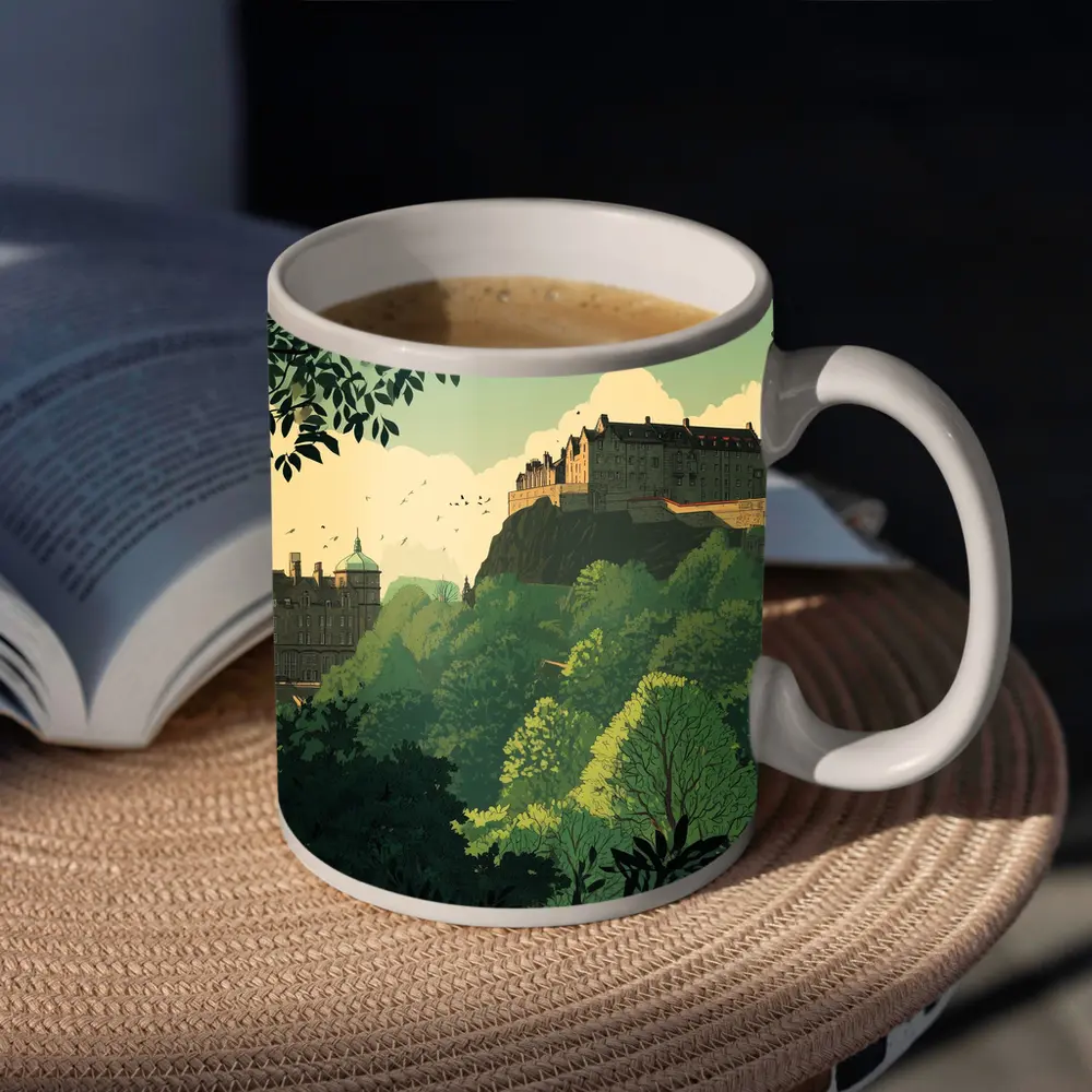 Edinburgh Castle Skyline Green Illustration Art – Mugs