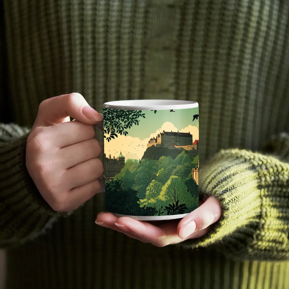 Edinburgh Castle Skyline Green Illustration Art – Mugs