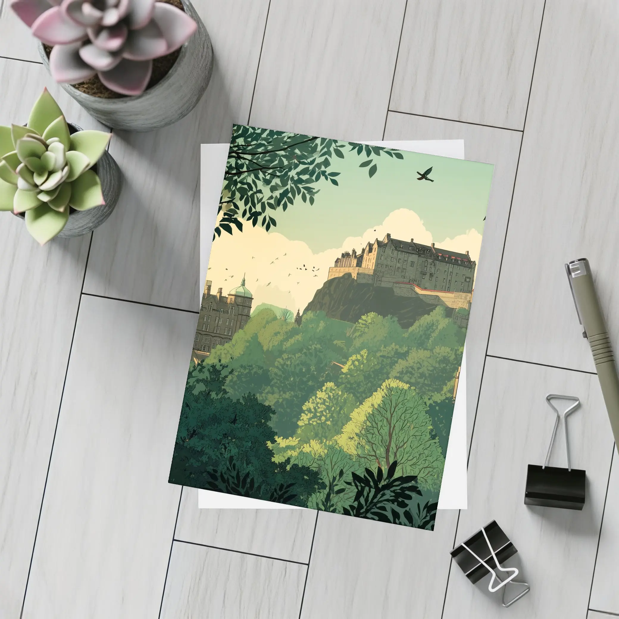 Edinburgh Castle Skyline Green Illustration Art – Postcards