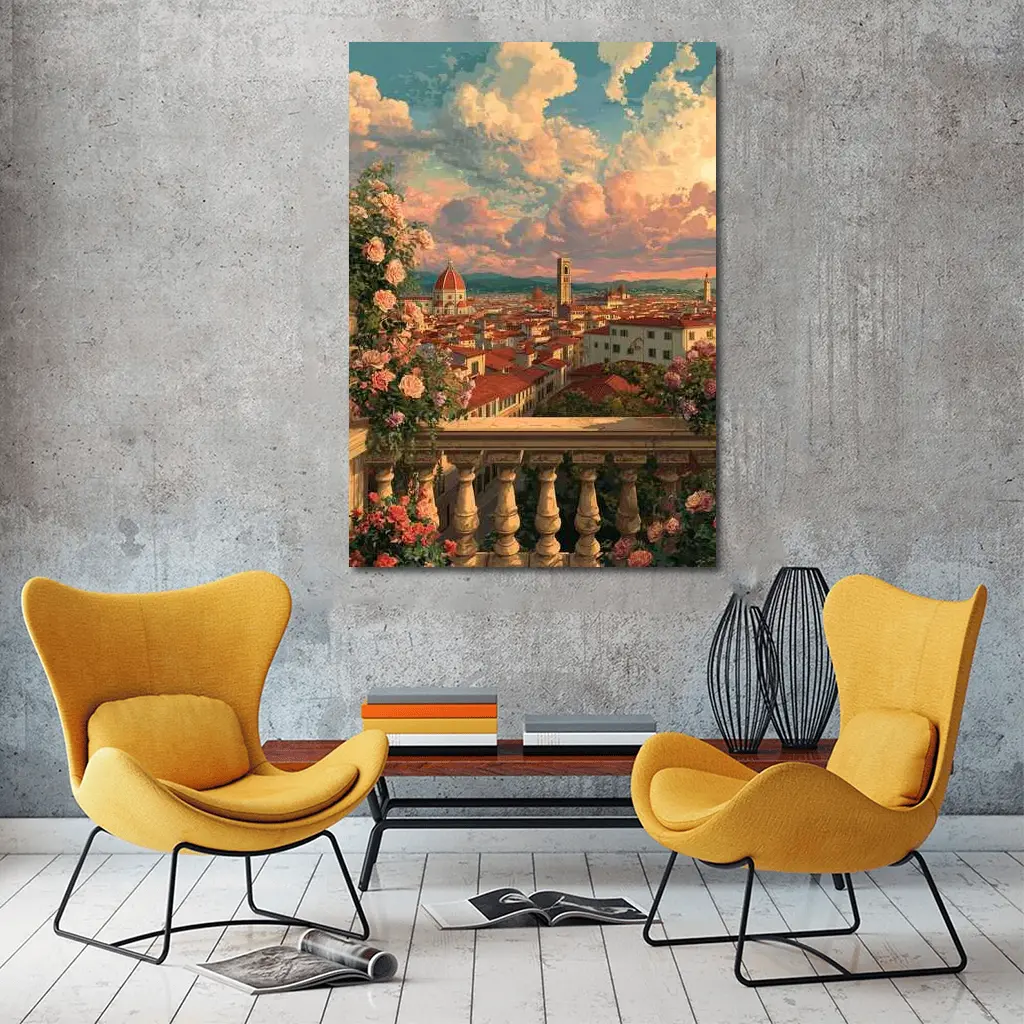 Florence Italy Anime Rooftop View Roses – Wall Art