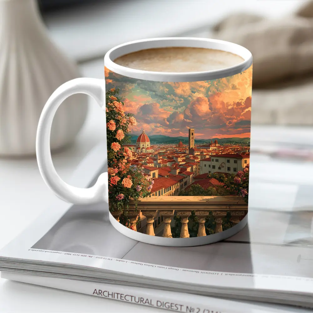 Florence Italy Anime Rooftop View Roses – Mugs