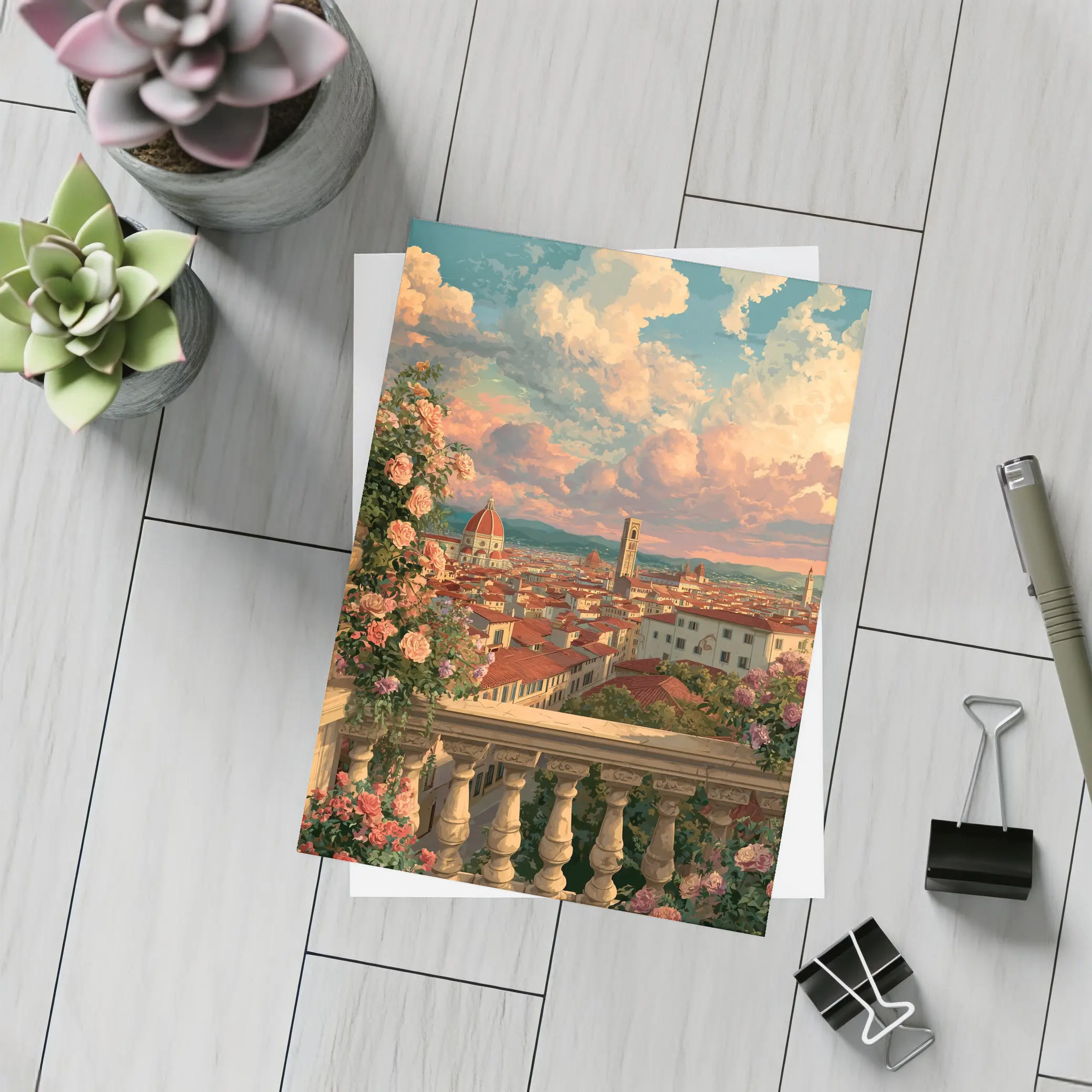 Florence Italy Anime Rooftop View Roses – Postcards