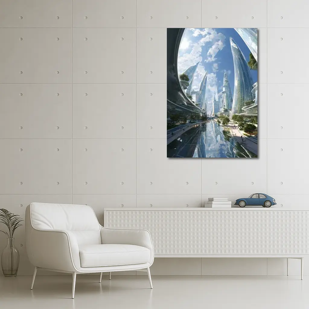 Futuristic City Glass Towers Blue Sky – Wall Art