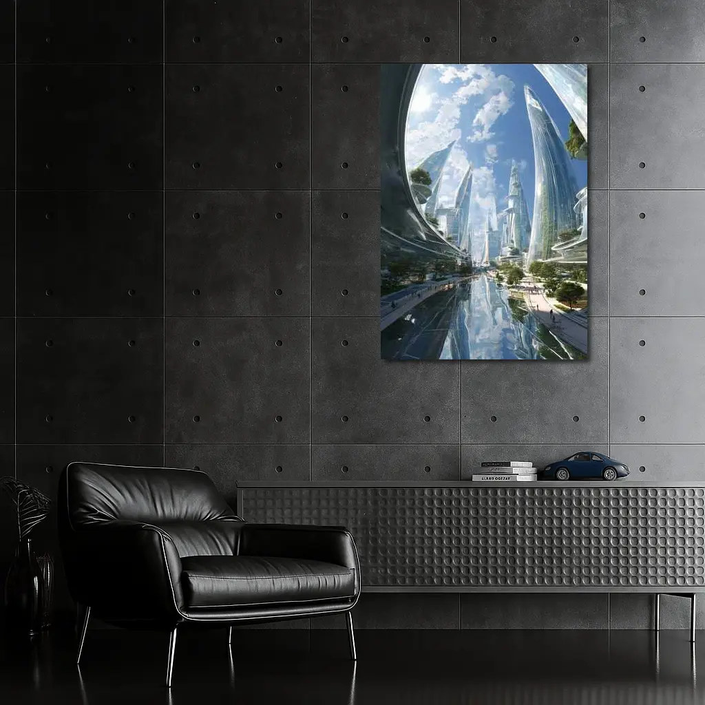 Futuristic City Glass Towers Blue Sky – Wall Art
