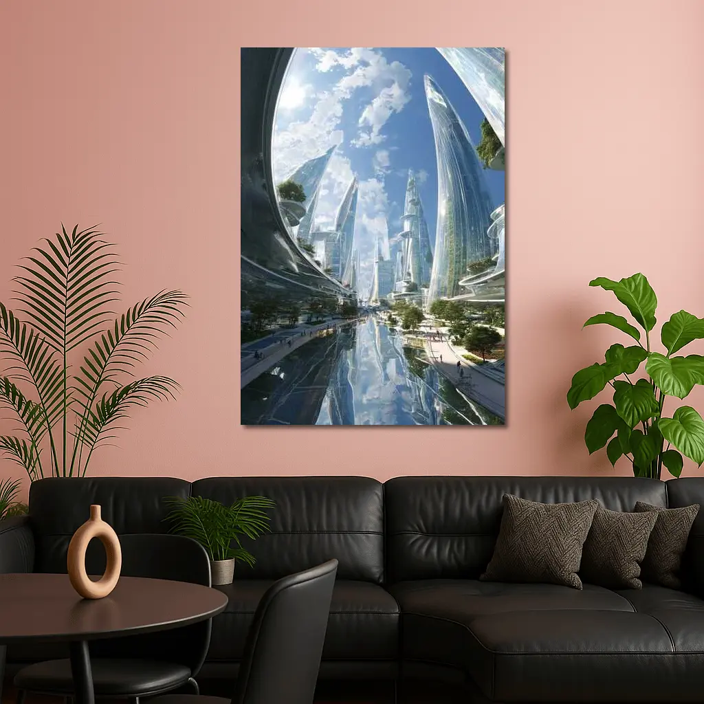 Futuristic City Glass Towers Blue Sky – Wall Art