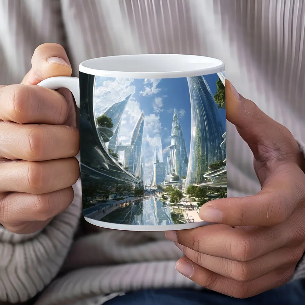Futuristic City Glass Towers Blue Sky – Mugs
