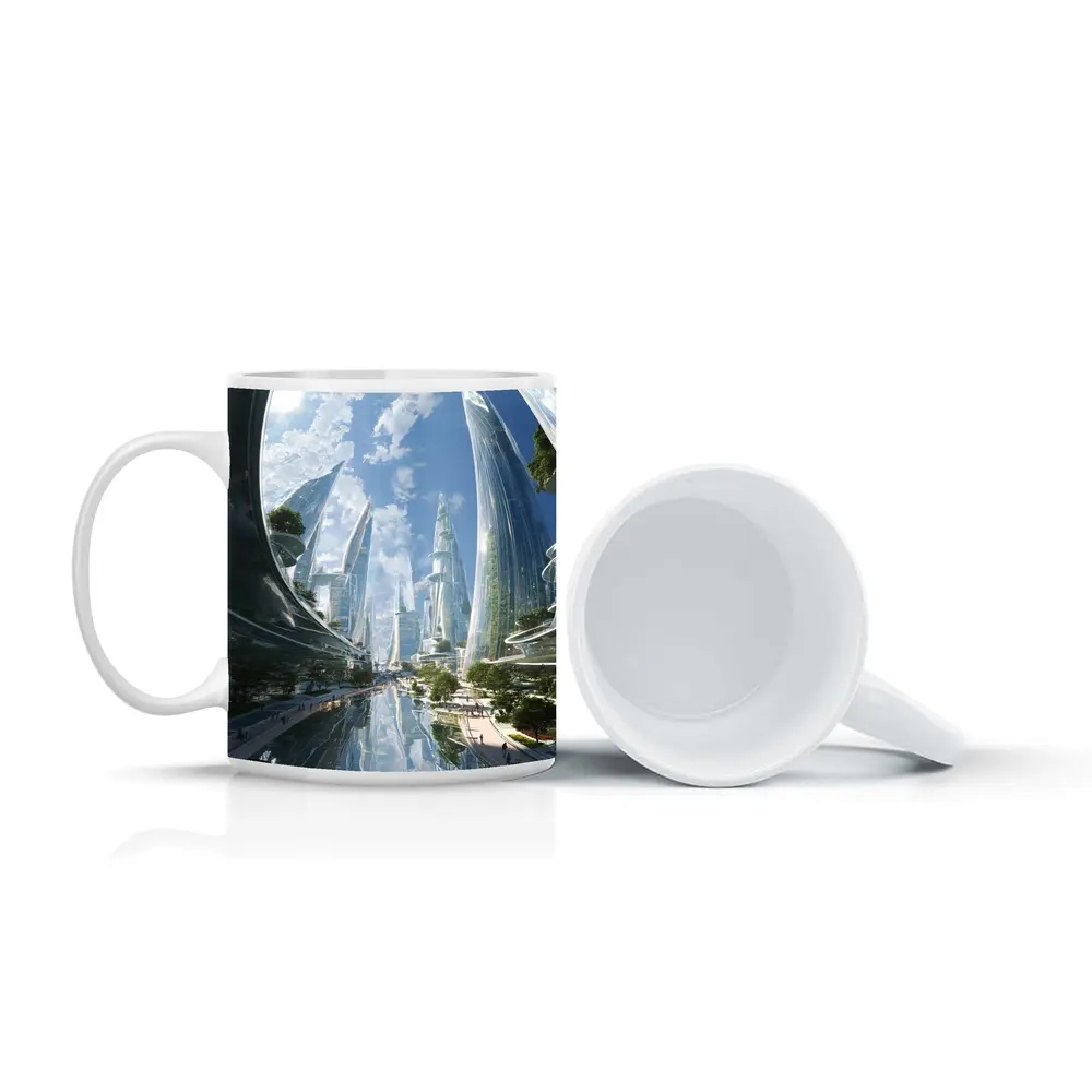 Futuristic City Glass Towers Blue Sky – Mugs
