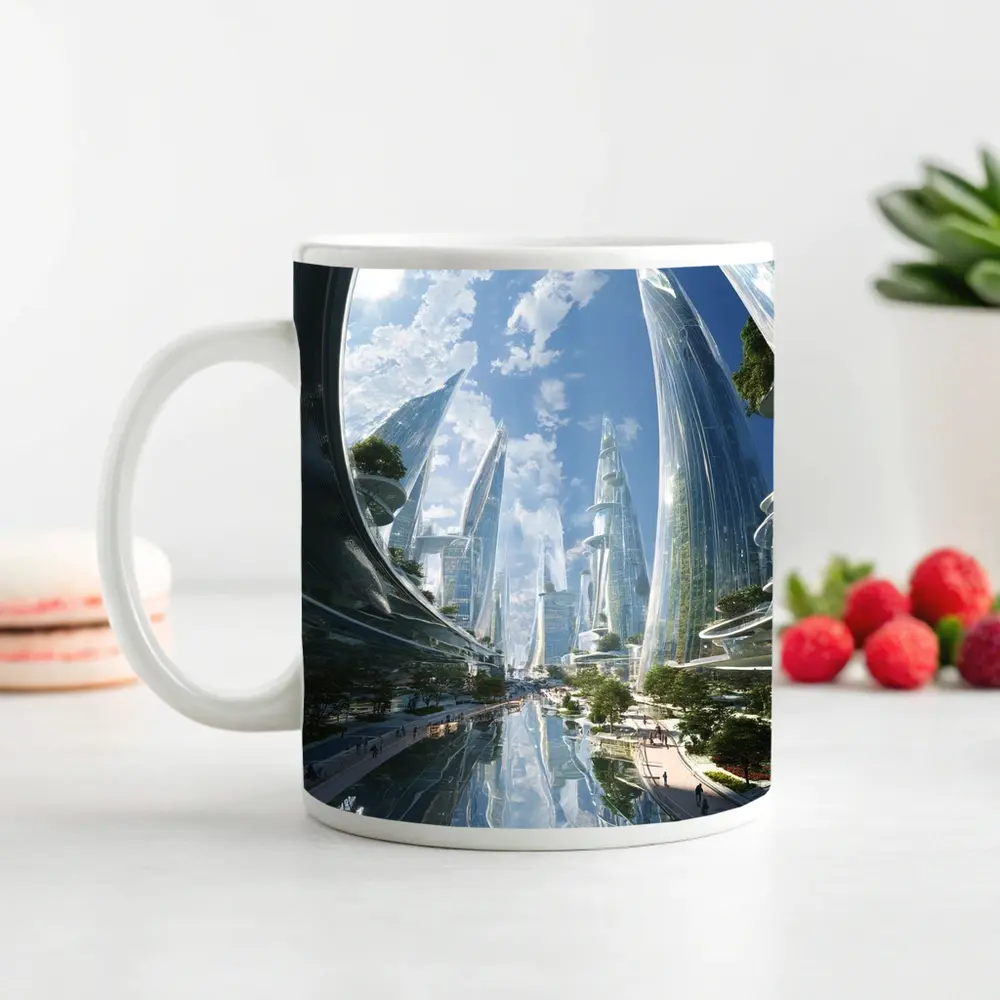 Futuristic City Glass Towers Blue Sky – Mugs