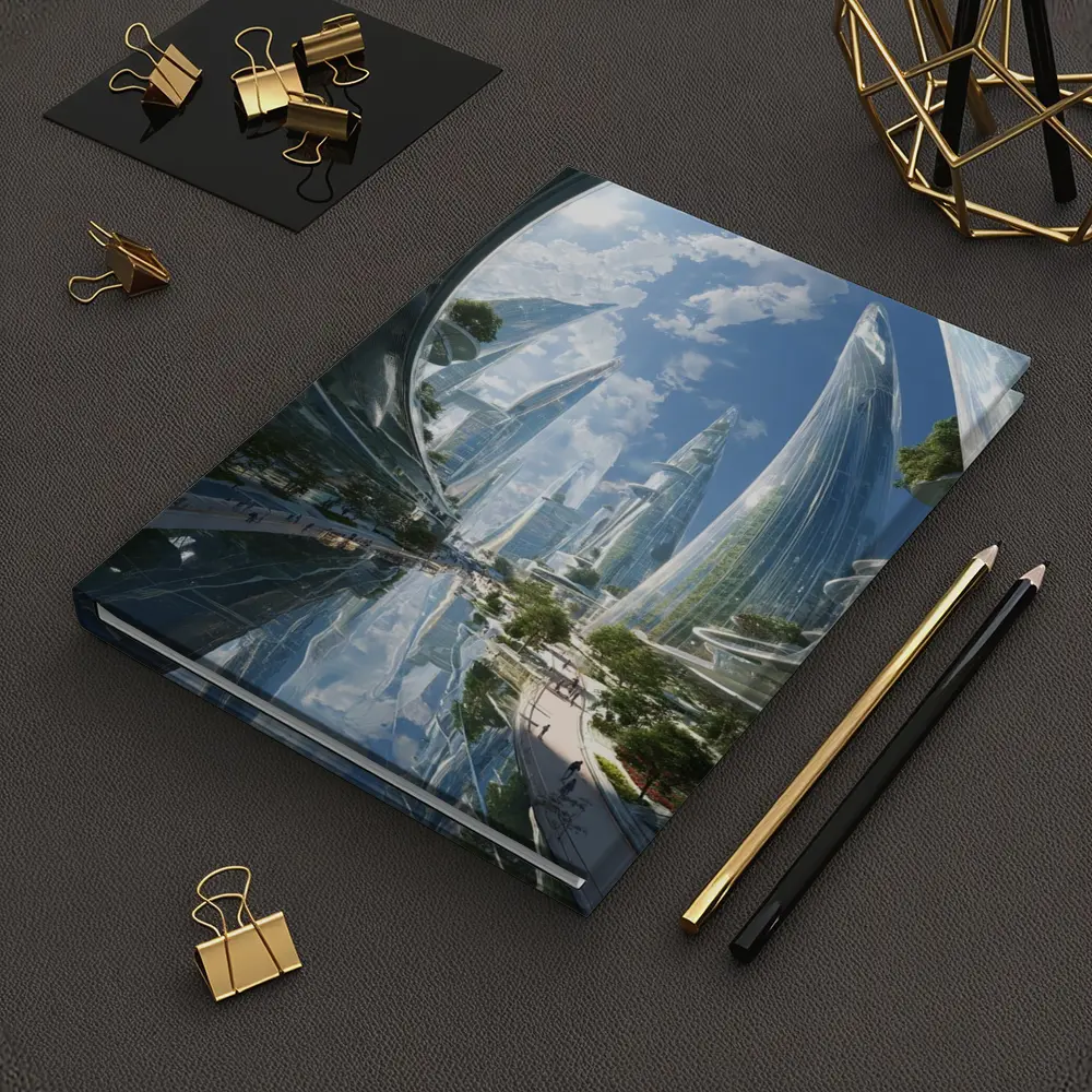 Futuristic City Glass Towers Blue Sky – Notebooks