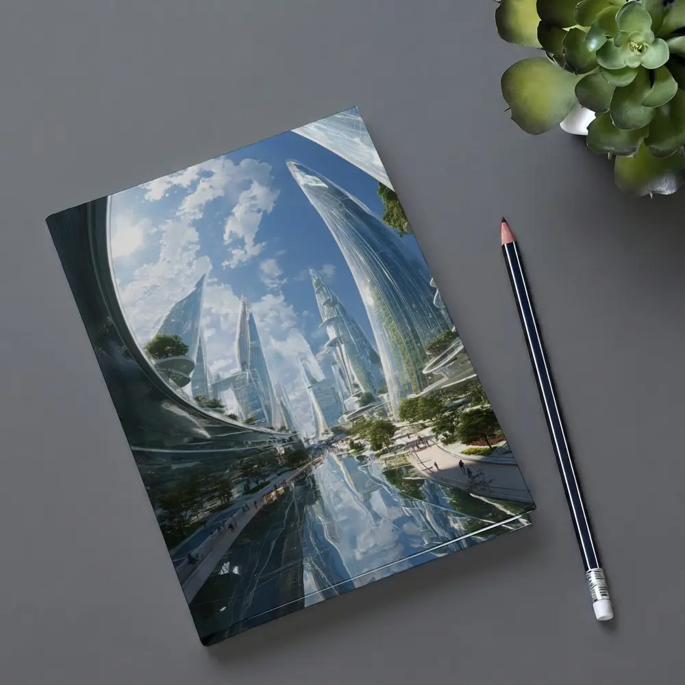 Futuristic City Glass Towers Blue Sky – Notebooks