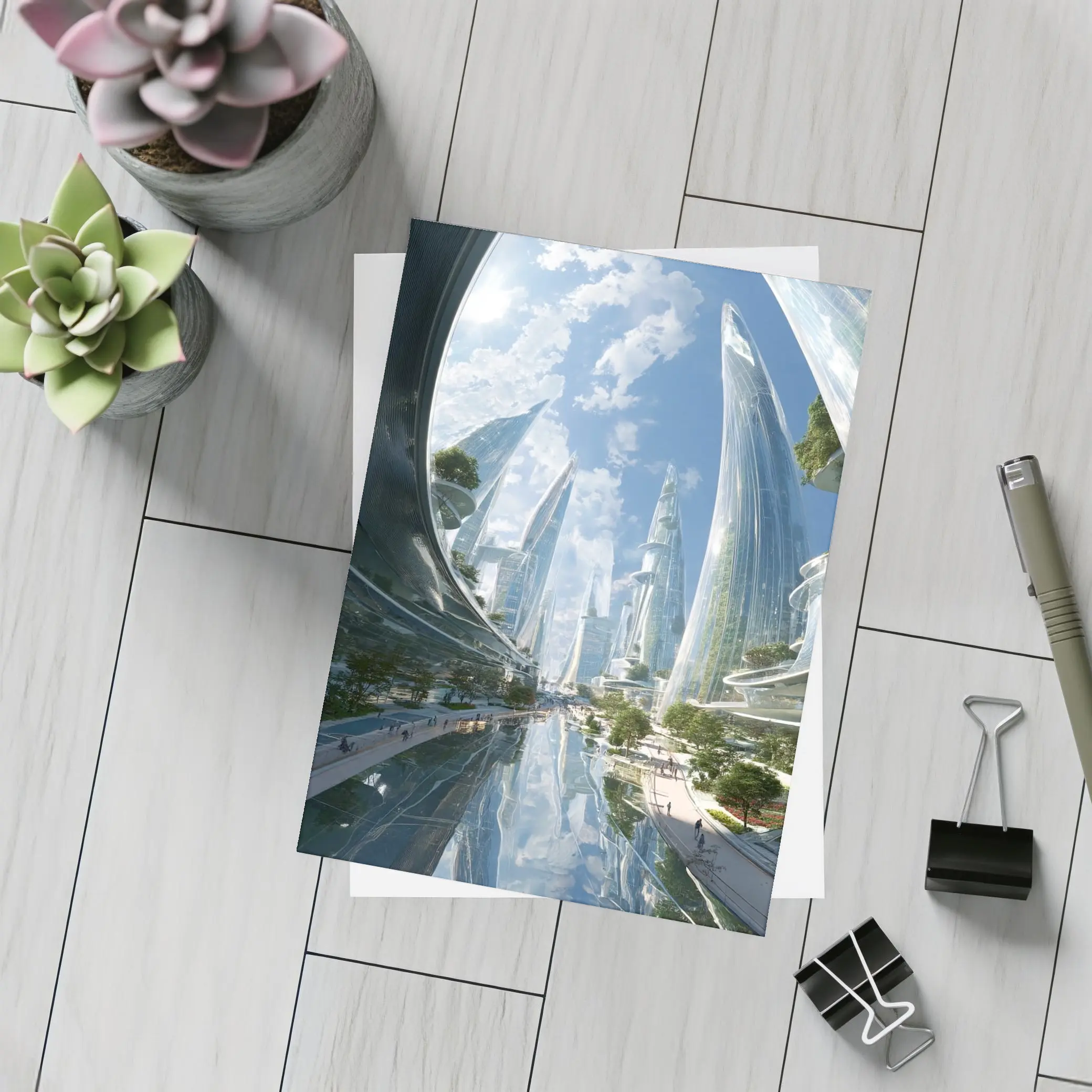 Futuristic City Glass Towers Blue Sky – Postcards