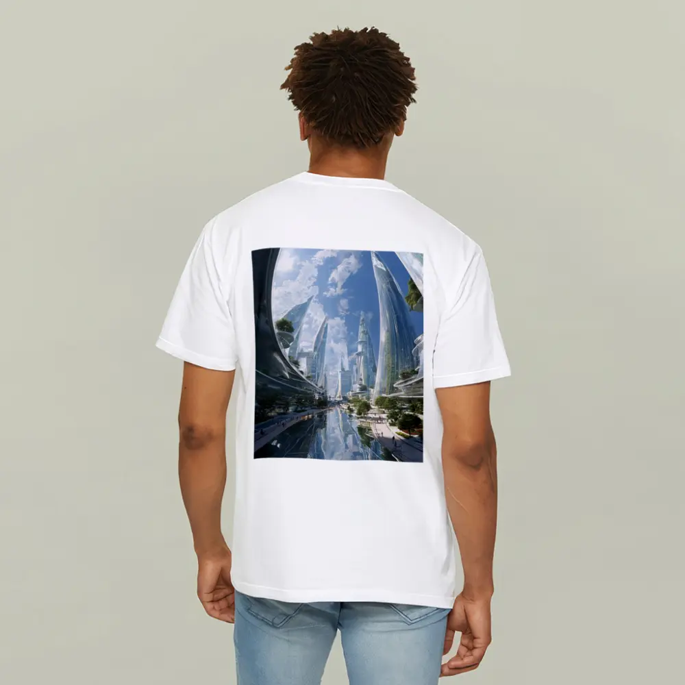 Futuristic City Glass Towers Blue Sky – T-Shirts
