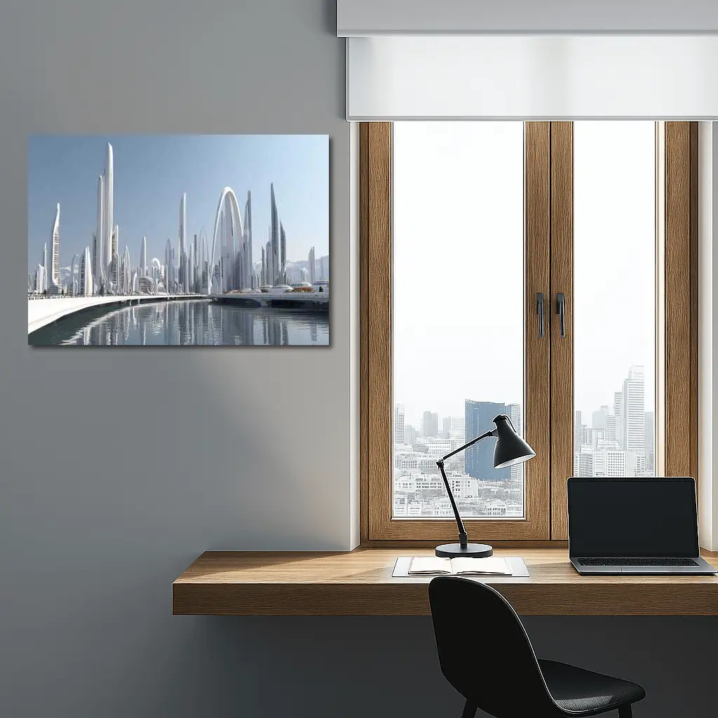 Futuristic White City Skyline Over Water – Wall Art