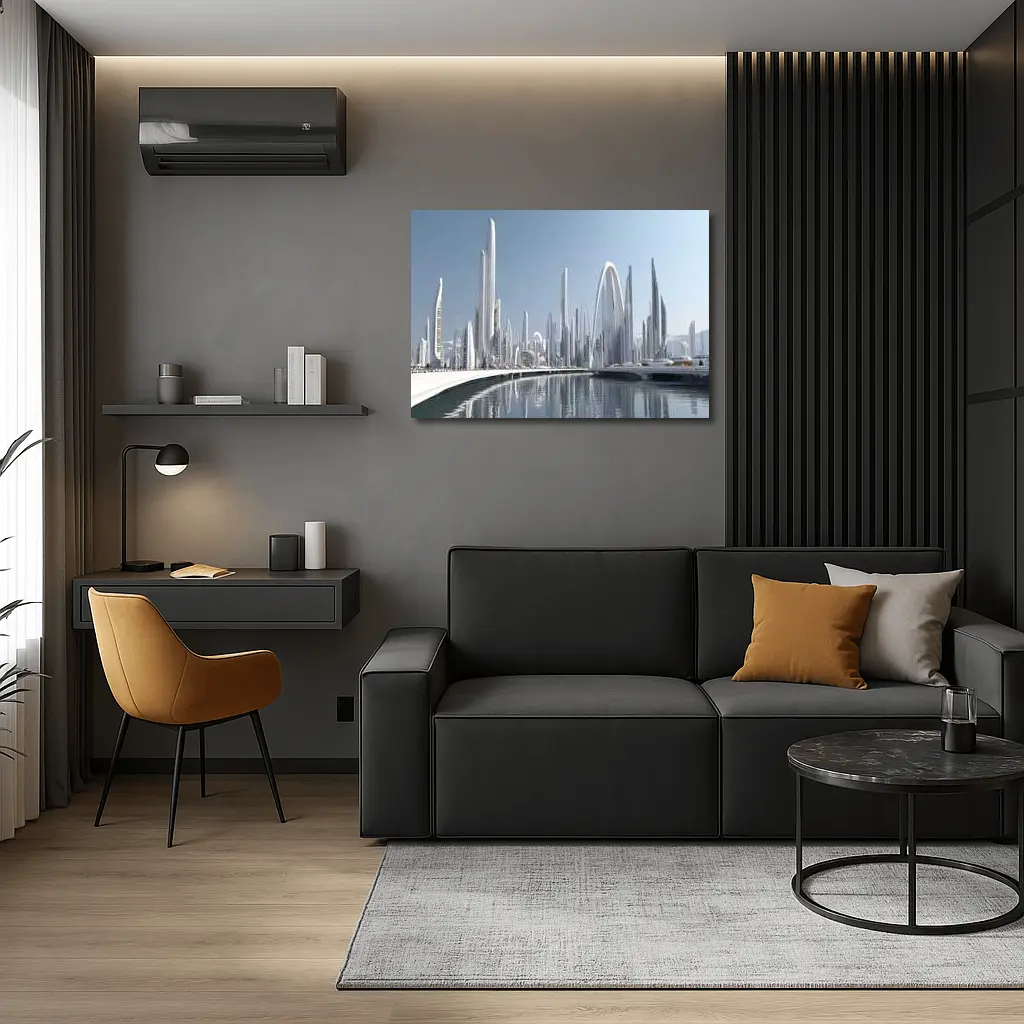 Futuristic White City Skyline Over Water – Wall Art