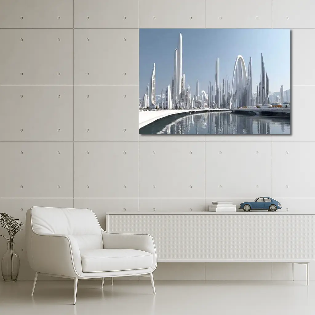 Futuristic White City Skyline Over Water – Wall Art