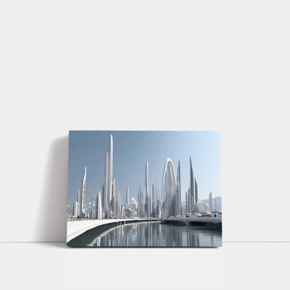 Futuristic White City Skyline Over Water – Wall Art