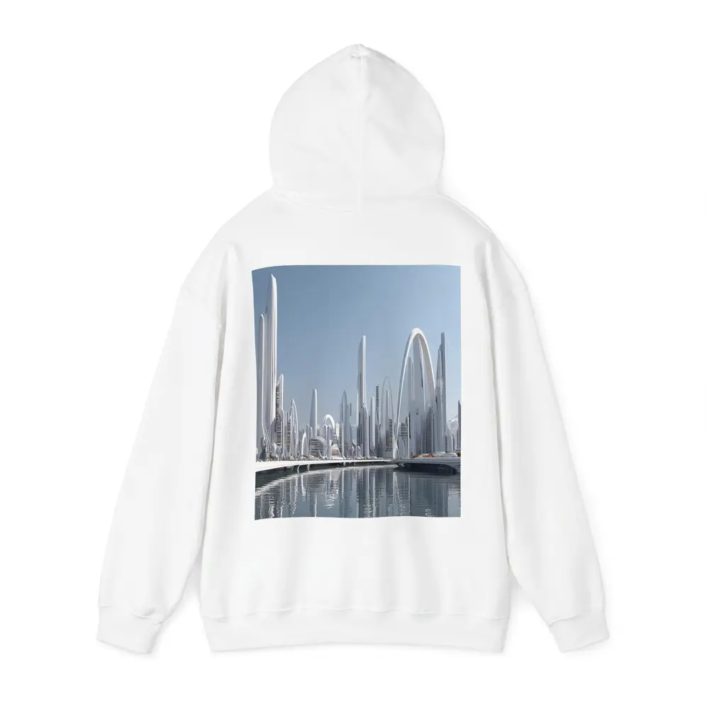 Futuristic White City Skyline Over Water – Hoodies