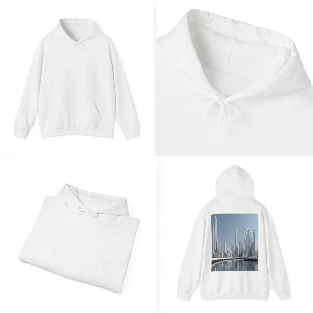 Futuristic White City Skyline Over Water – Hoodies