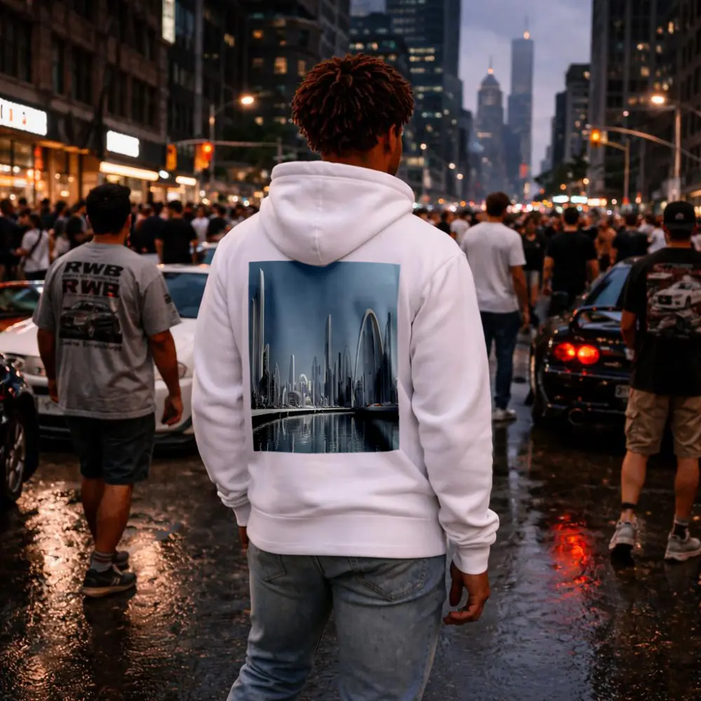 Futuristic White City Skyline Over Water – Hoodies