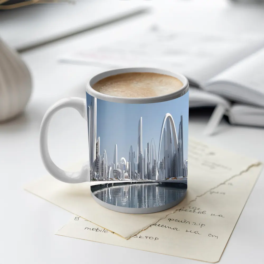 Futuristic White City Skyline Over Water – Mugs