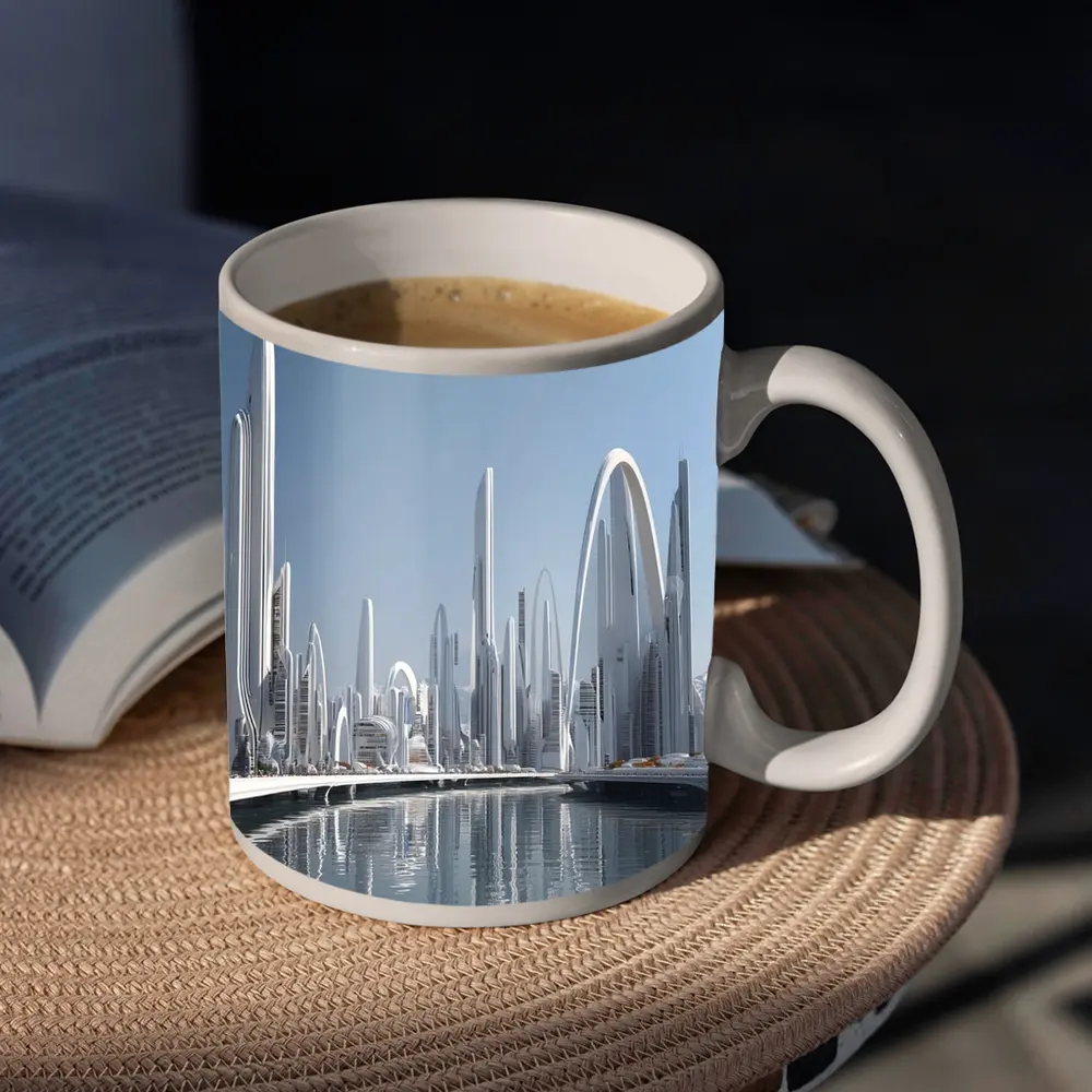 Futuristic White City Skyline Over Water – Mugs