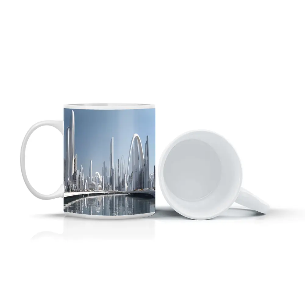 Futuristic White City Skyline Over Water – Mugs