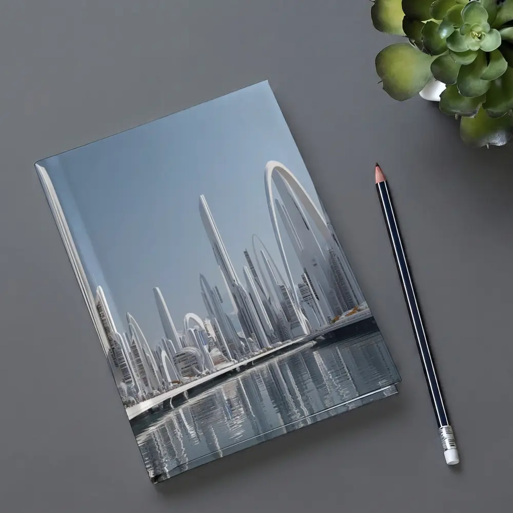 Futuristic White City Skyline Over Water – Notebooks