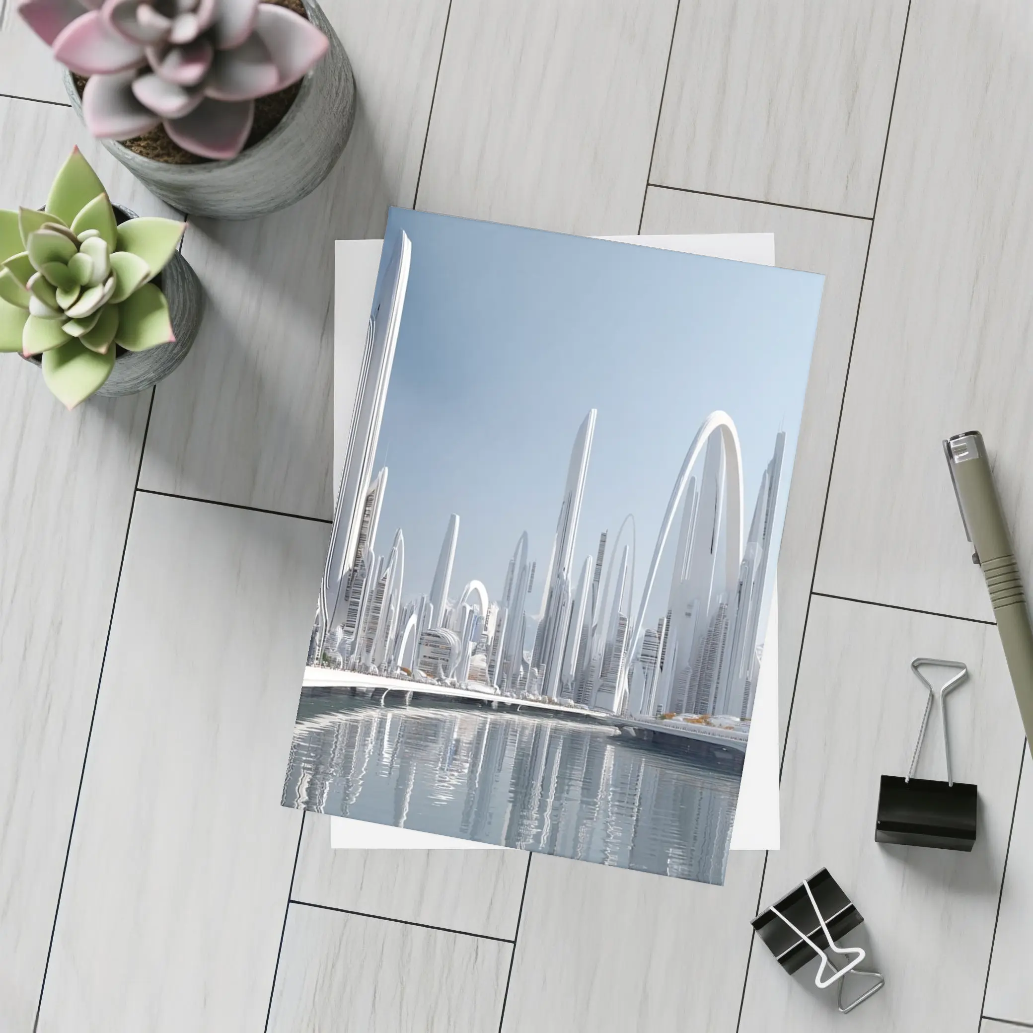 Futuristic White City Skyline Over Water – Postcards