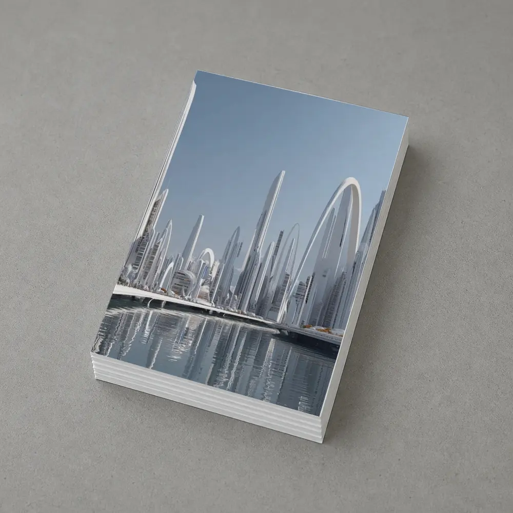 Futuristic White City Skyline Over Water – Postcards