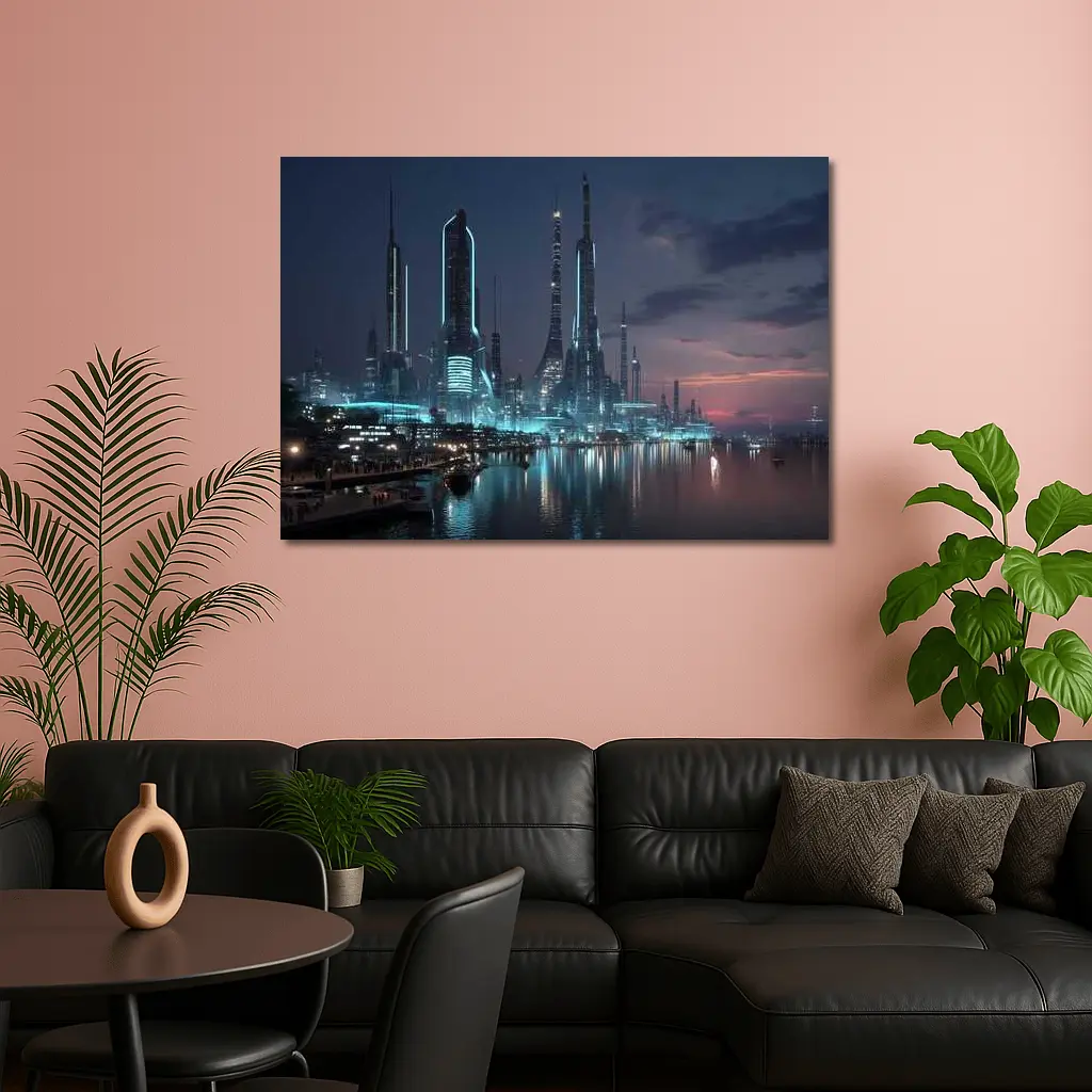Futuristic City Skyline Glowing Waterfront Night – Wall Art
