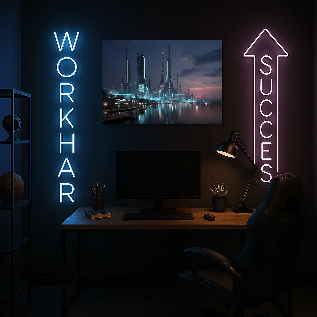 Futuristic City Skyline Glowing Waterfront Night – Wall Art