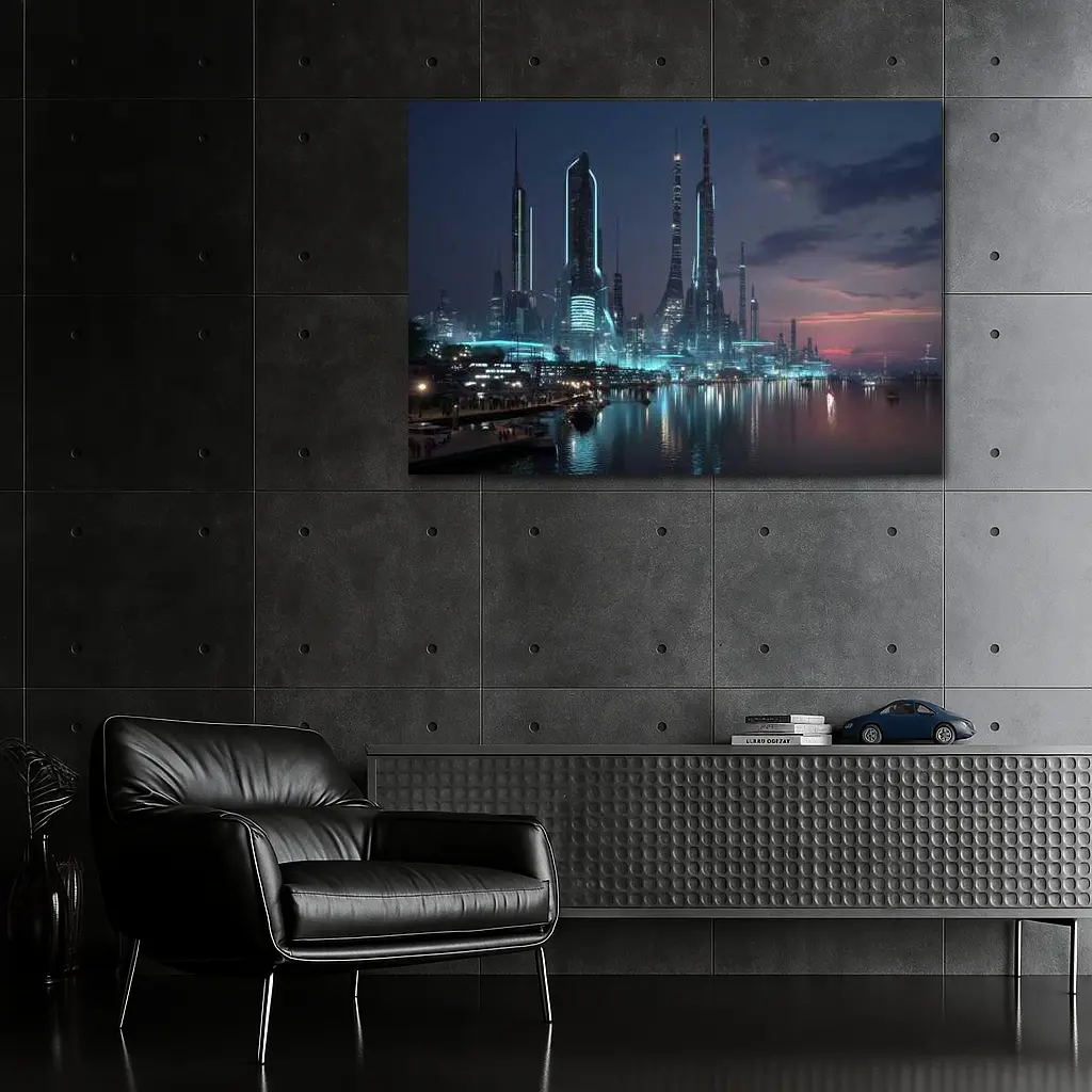 Futuristic City Skyline Glowing Waterfront Night – Wall Art