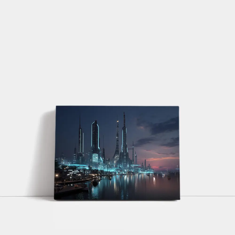 Futuristic City Skyline Glowing Waterfront Night – Wall Art