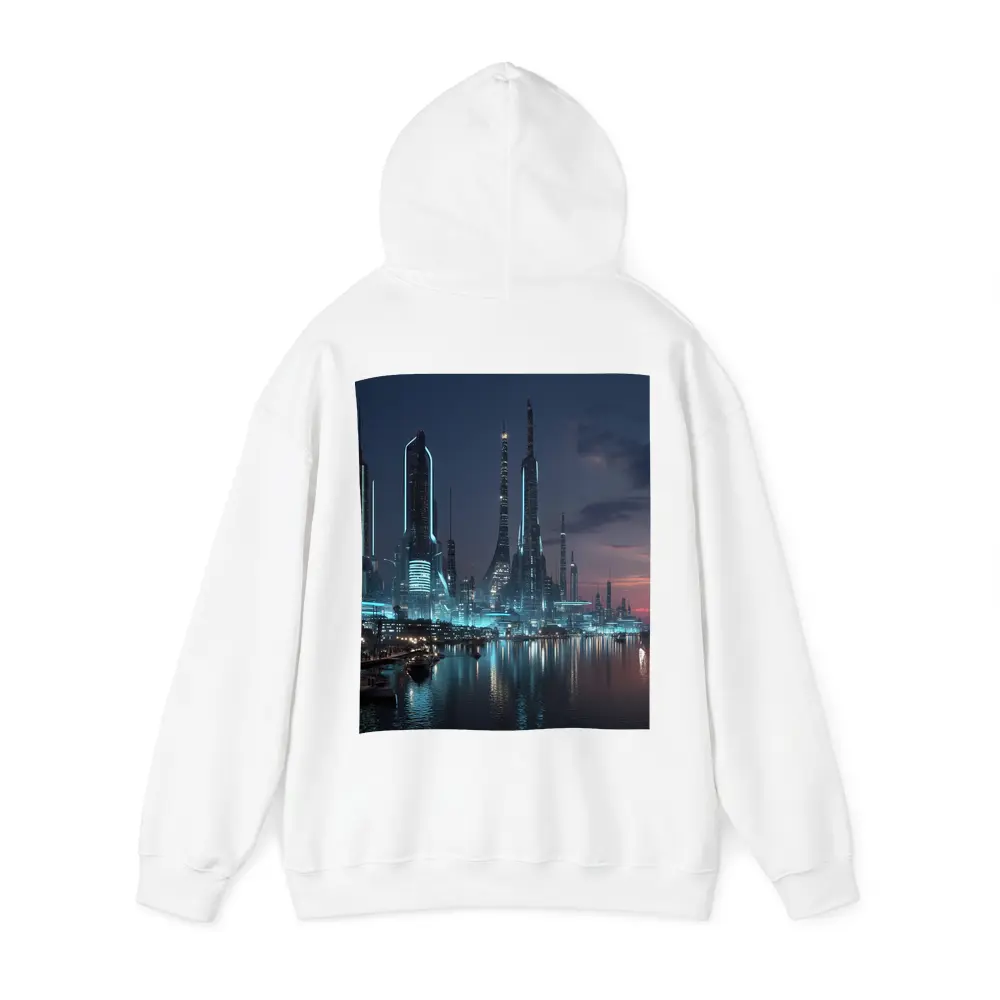 Futuristic City Skyline Glowing Waterfront Night – Hoodies