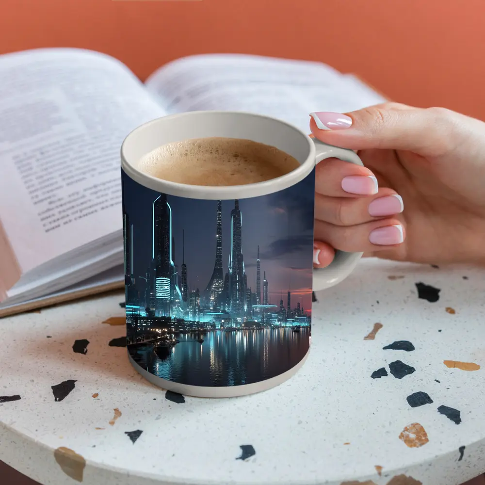 Futuristic City Skyline Glowing Waterfront Night – Mugs