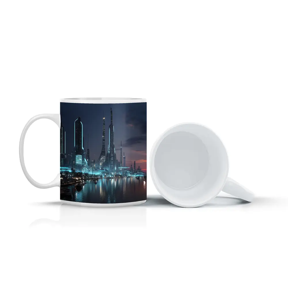 Futuristic City Skyline Glowing Waterfront Night – Mugs