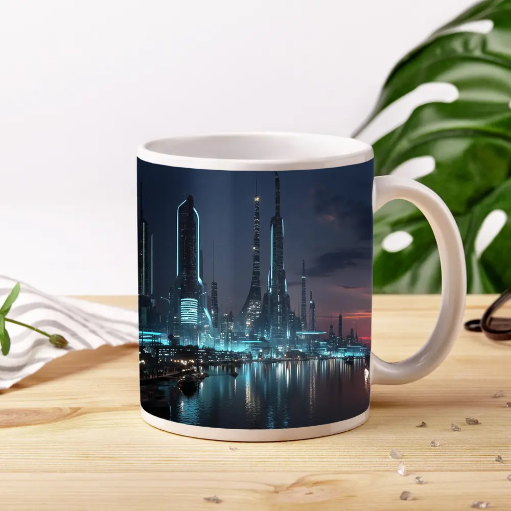 Futuristic City Skyline Glowing Waterfront Night – Mugs