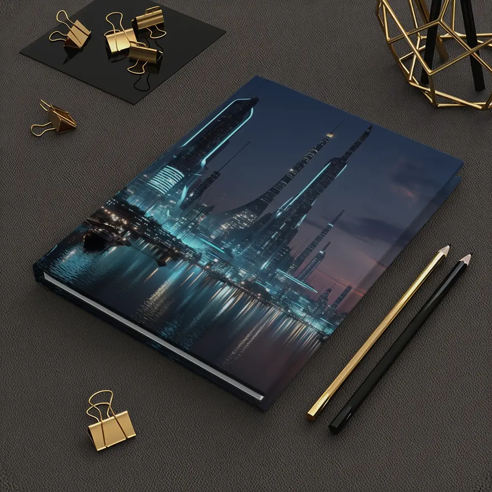 Futuristic City Skyline Glowing Waterfront Night – Notebooks